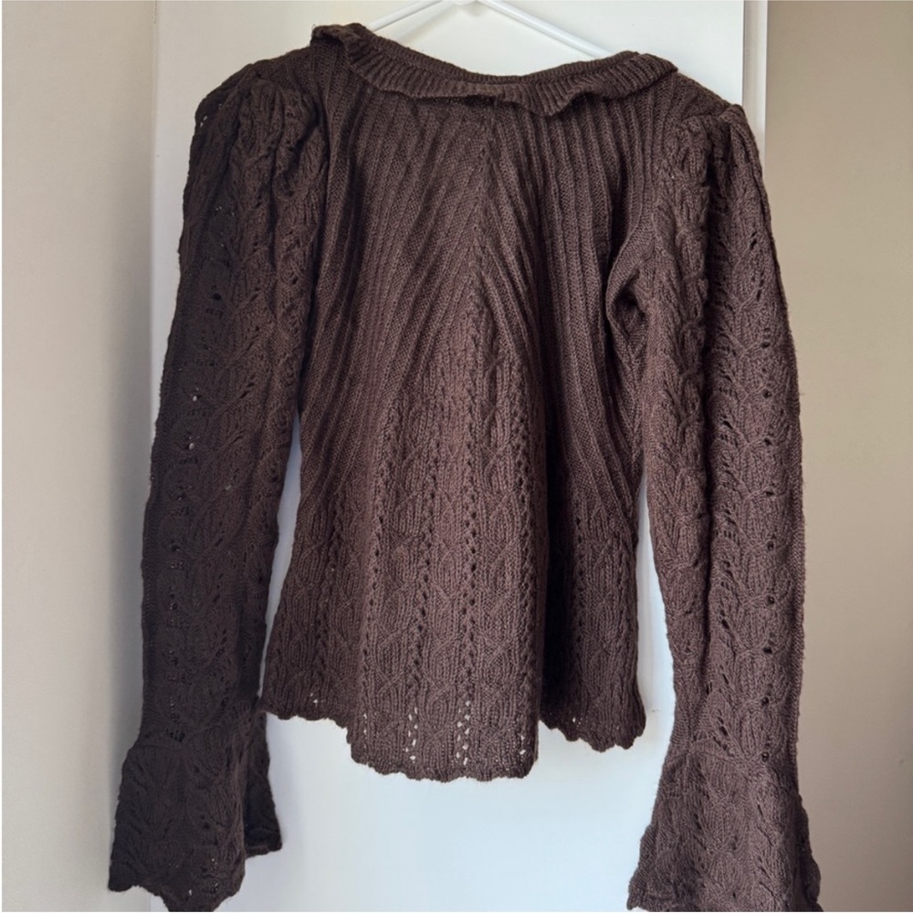 Farm Rio: NWT: Lace Stitch Knit Ruffles Cardigan - Brown DT - Picture 8 of 11